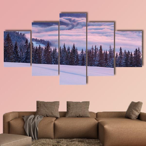 Morning Fog In The Winter Mountains - Nature 5 Panel Canvas Art Wall Decor Morning Fog In The Winter Mountains - Nature 5 Panel Canvas Art Wall Decor