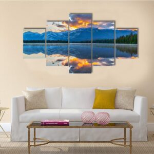 Morning Sun Over Rocky Mountains At Edith Lake - Nature 5 Panel Canvas Art Wall Decor