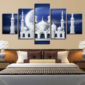 Mosque Building And Moon - Nature 5 Panel Canvas Art Wall Decor