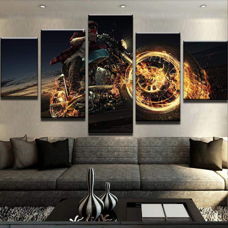 Motorbike On Fire - Abstract Automative 5 Panel Canvas Art Wall Decor Motorbike On Fire - Abstract Automative 5 Panel Canvas Art Wall Decor