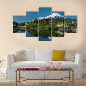 Mount Fuji From Kawaguchiko Lake In Japan During The Sunrise With Blue Sky - Nature 5 Panel Canvas Art Wall Decor