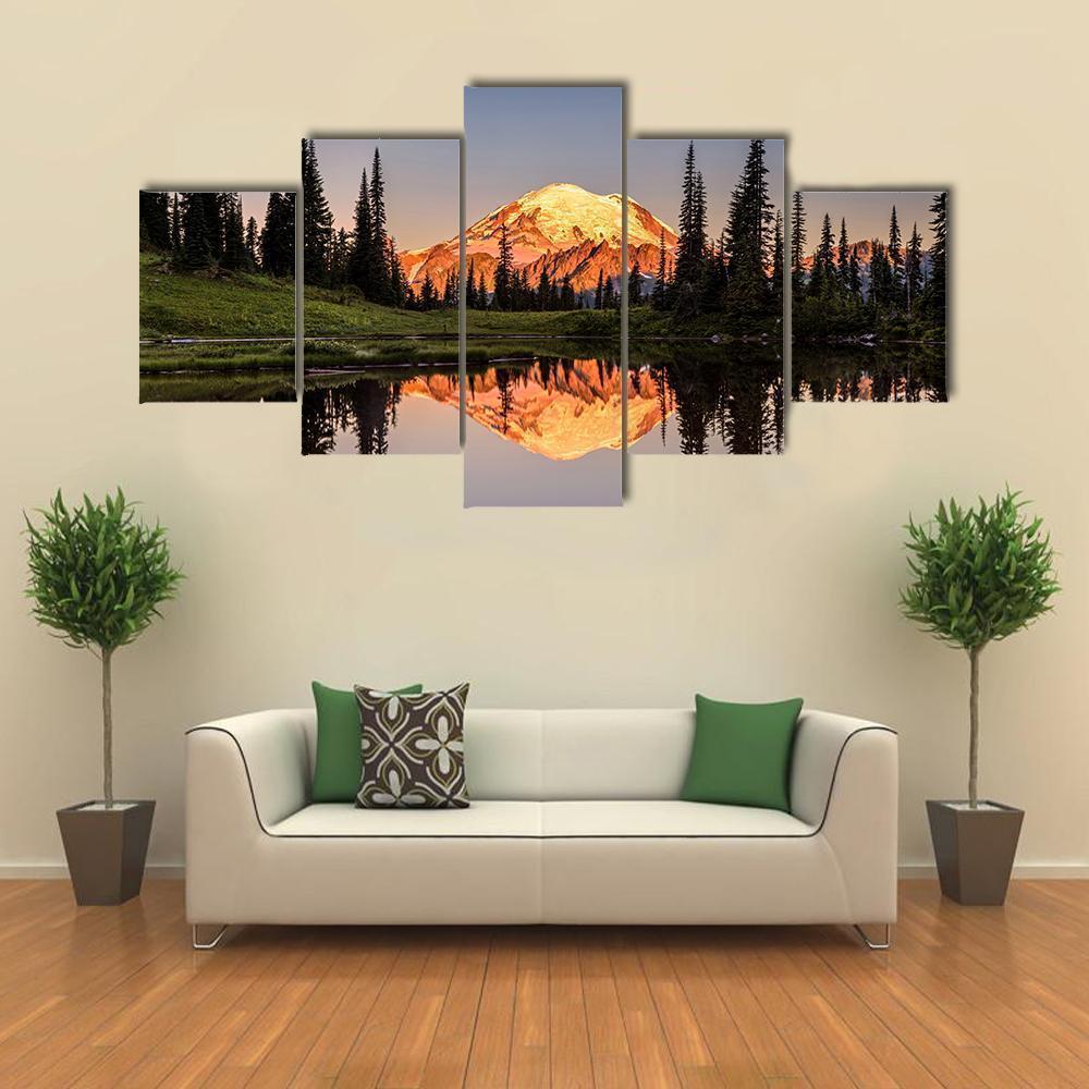 Mount Rainier Reflection From Tipsoo Lake At Sunrise Nature - 5 Panel Canvas Art Wall Decor Mount Rainier Reflection From Tipsoo Lake At Sunrise Nature - 5 Panel Canvas Art Wall Decor