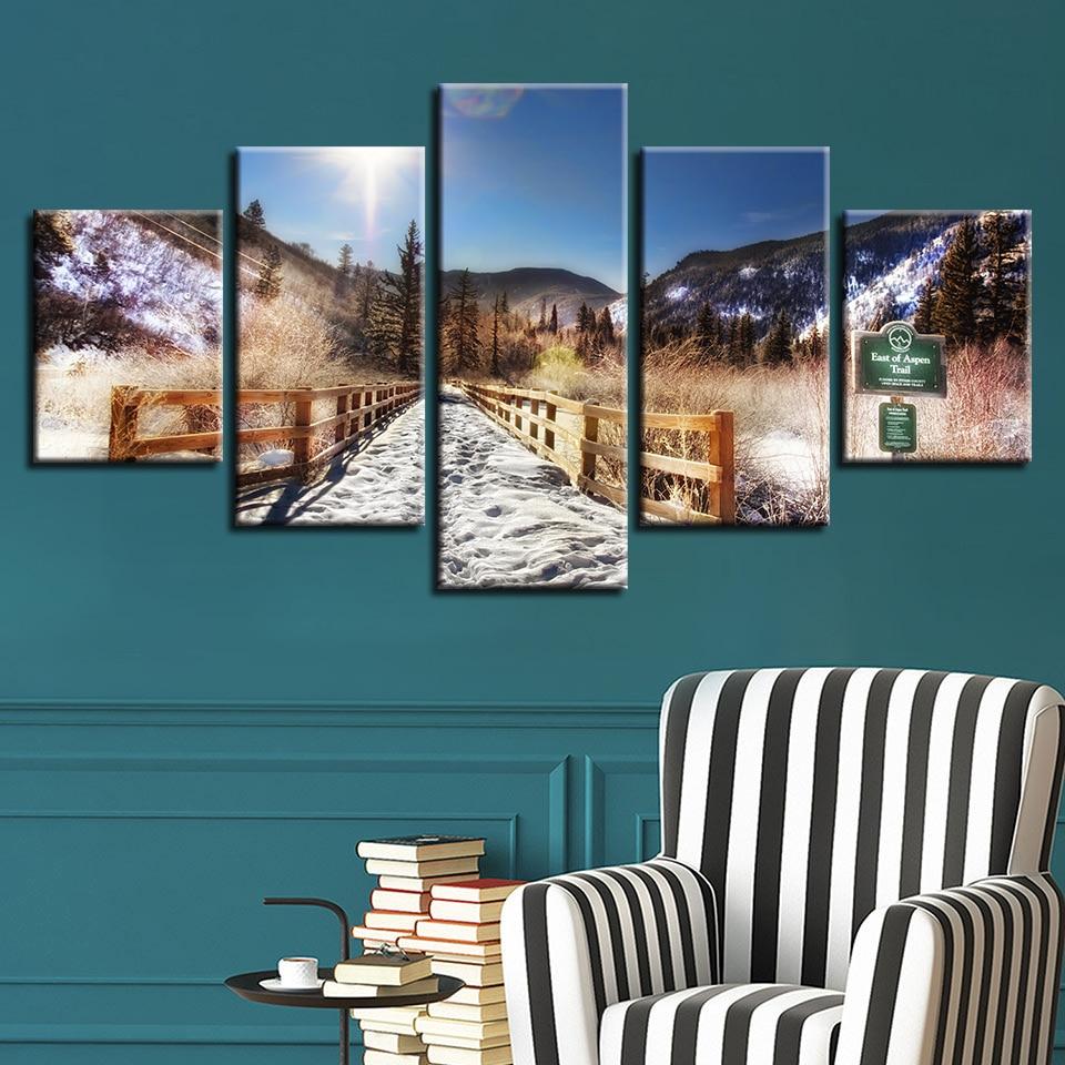 Mountain And Bridge Sunshine 1 - Nature 5 Panel Canvas Art Wall Decor Mountain And Bridge Sunshine 1 - Nature 5 Panel Canvas Art Wall Decor