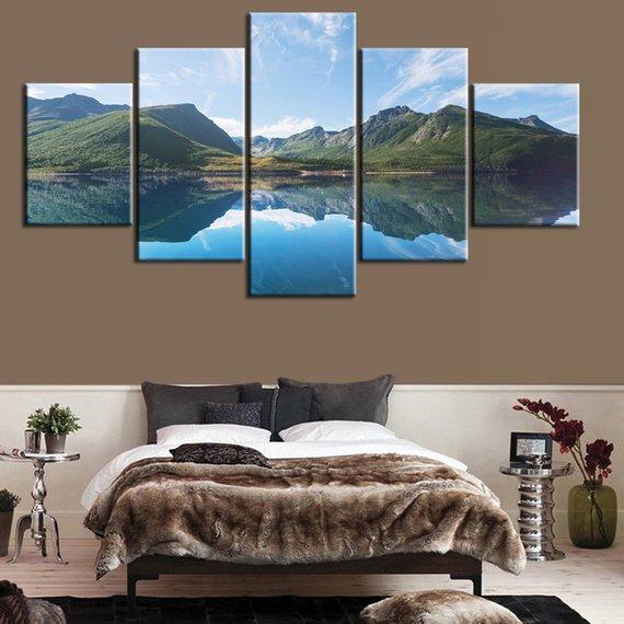 Mountain And Lake 3 - Nature 5 Panel Canvas Art Wall Decor Mountain And Lake 3 - Nature 5 Panel Canvas Art Wall Decor
