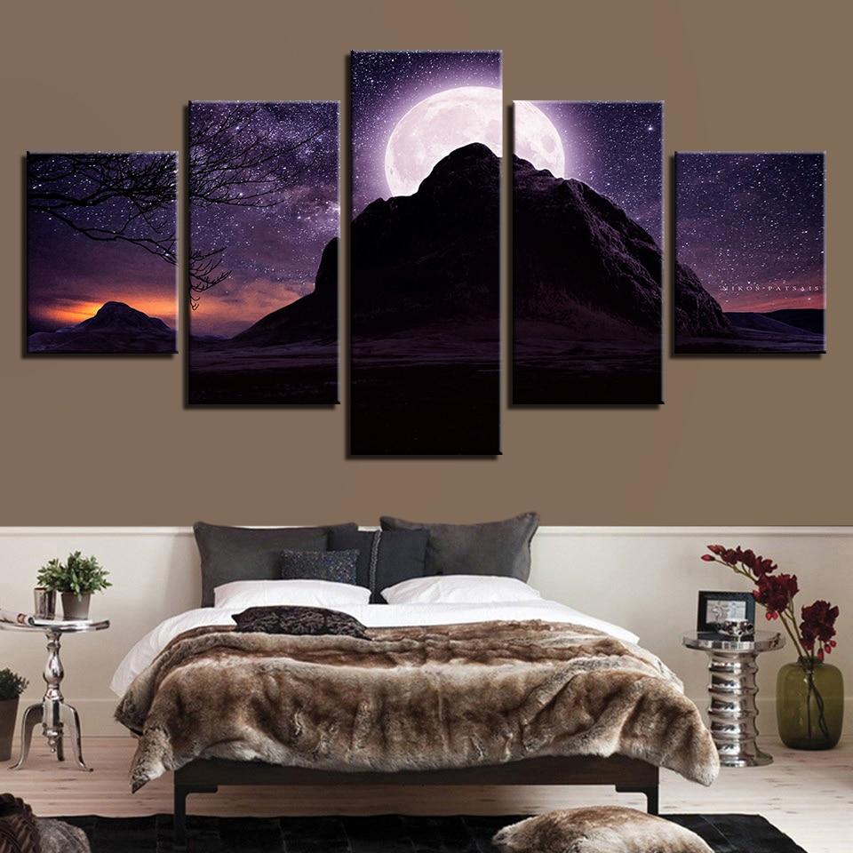 Mountain And Moon Beautiful Starry - Nature 5 Panel Canvas Art Wall Decor Mountain And Moon Beautiful Starry - Nature 5 Panel Canvas Art Wall Decor