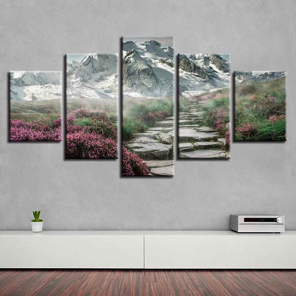 Mountain And Path Flowers - Nature 5 Panel Canvas Art Wall Decor Mountain And Path Flowers - Nature 5 Panel Canvas Art Wall Decor