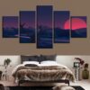 Mountain And Red Moon - Nature 5 Panel Canvas Art Wall Decor