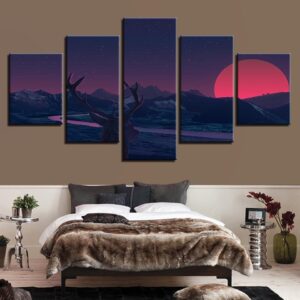 Mountain And Red Moon - Nature 5 Panel Canvas Art Wall Decor