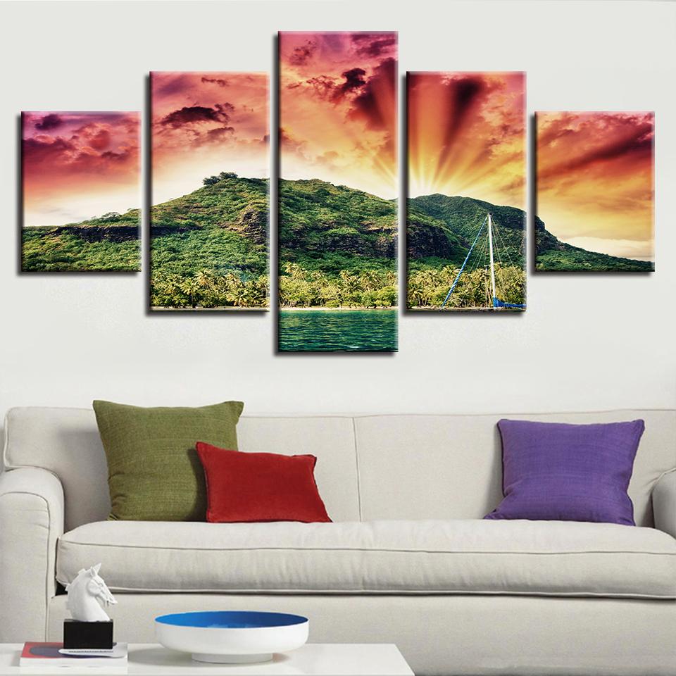 Mountain And Sunshine Through Clouds Landscape - Nature 5 Panel Canvas Art Wall Decor Mountain And Sunshine Through Clouds Landscape - Nature 5 Panel Canvas Art Wall Decor