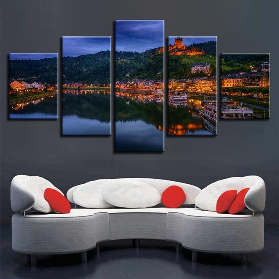 Mountain Building And River Ship - Nature 5 Panel Canvas Art Wall Decor Mountain Building And River Ship - Nature 5 Panel Canvas Art Wall Decor