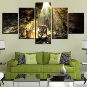Mountain Cave Sunshine Tiger - Animal 5 Panel Canvas Art Wall Decor