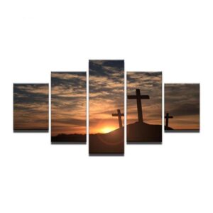 Mountain Cross Sunset Landscape - Nature 5 Panel Canvas Art Wall Decor