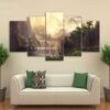 Mountain Deers Forest Lake Trees - Nature 5 Panel Canvas Art Wall Decor