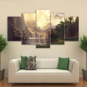 Mountain Deers Forest Lake Trees - Nature 5 Panel Canvas Art Wall Decor