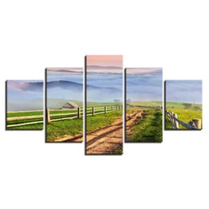 Mountain Farm House Path Field Scenery - Nature 5 Panel Canvas Art Wall Decor