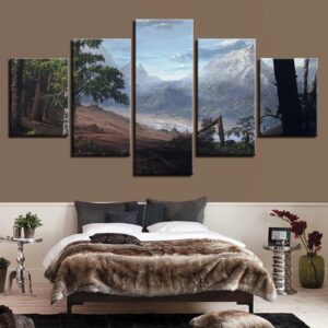 Mountain Forest River - Nature 5 Panel Canvas Art Wall Decor