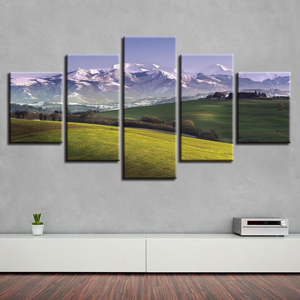 Mountain Green Grass Field - Nature 5 Panel Canvas Art Wall Decor Mountain Green Grass Field - Nature 5 Panel Canvas Art Wall Decor