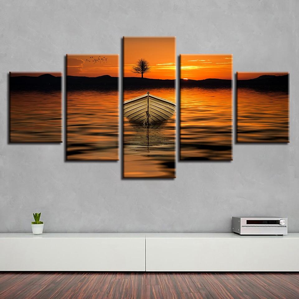 Mountain Lake Ship Tree - Nature 5 Panel Canvas Art Wall Decor Mountain Lake Ship Tree - Nature 5 Panel Canvas Art Wall Decor