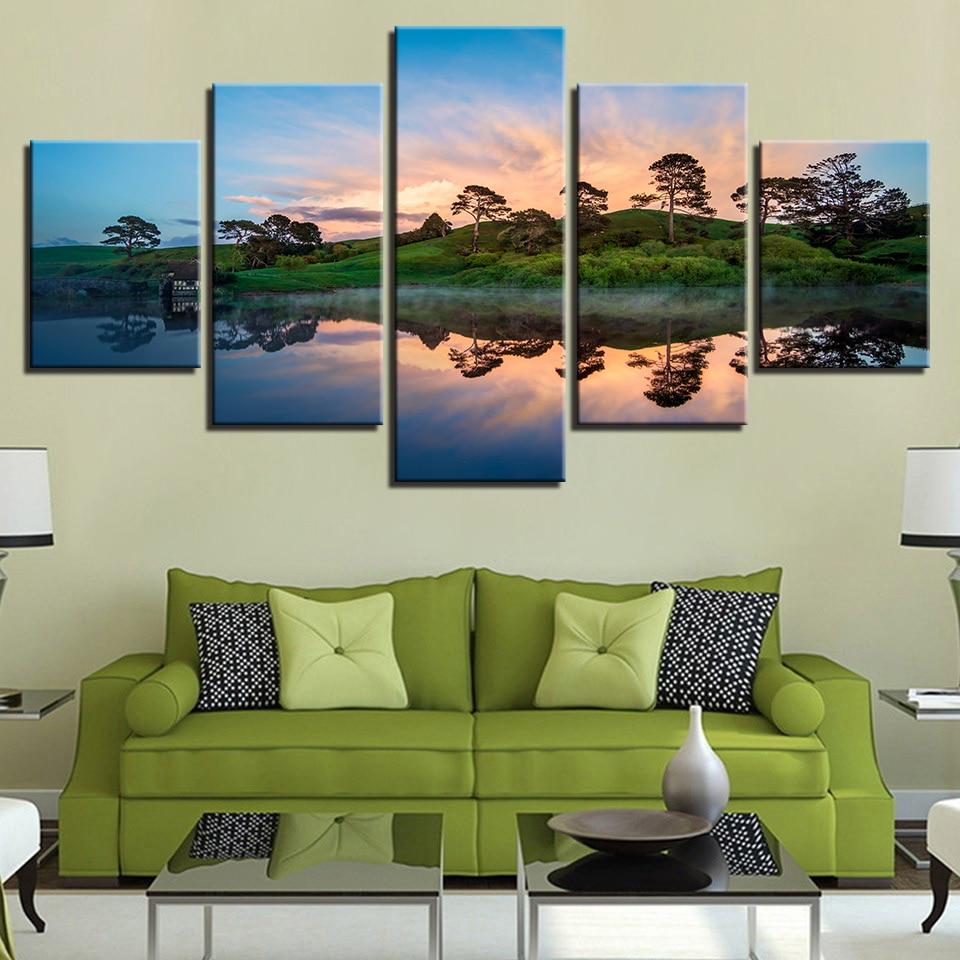 Mountain Lake Tree Sunset - Nature 5 Panel Canvas Art Wall Decor Mountain Lake Tree Sunset - Nature 5 Panel Canvas Art Wall Decor