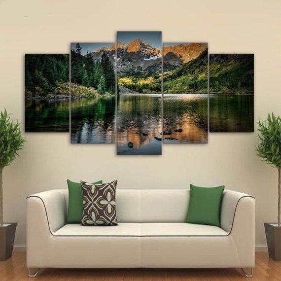 Mountain Lake View - Nature 5 Panel Canvas Art Wall Decor Mountain Lake View - Nature 5 Panel Canvas Art Wall Decor