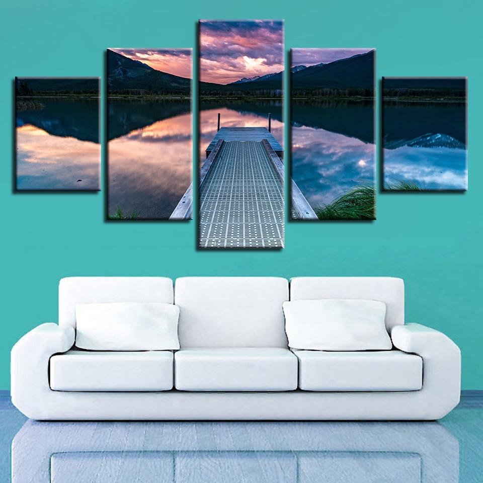 Mountain Lake Woods Bridge - Nature 5 Panel Canvas Art Wall Decor Mountain Lake Woods Bridge - Nature 5 Panel Canvas Art Wall Decor