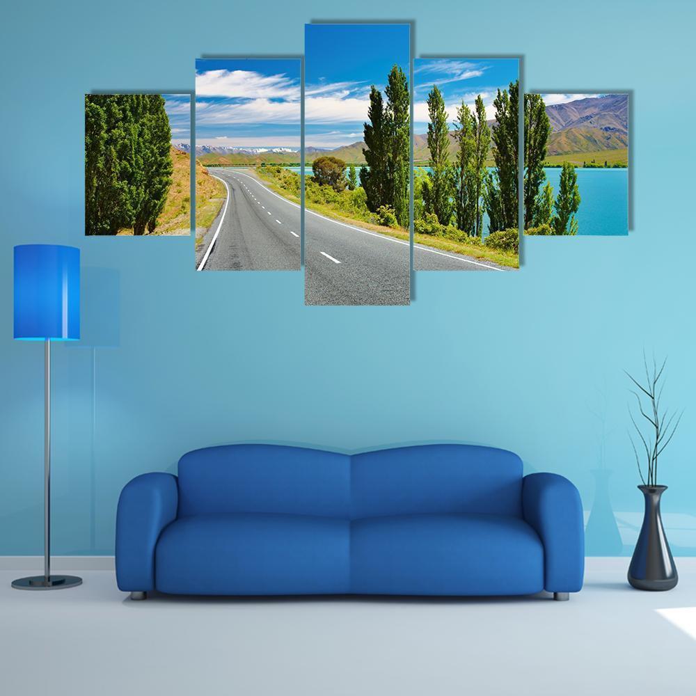 Mountain Landscape With Lake And Road - Nature 5 Panel Canvas Art Wall Decor Mountain Landscape With Lake And Road - Nature 5 Panel Canvas Art Wall Decor