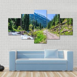Mountain River And Road - Nature 5 Panel Canvas Art Wall Decor