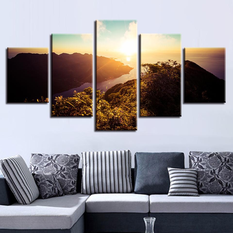 Mountain River Sunset 2 - Nature 5 Panel Canvas Art Wall Decor Mountain River Sunset 2 - Nature 5 Panel Canvas Art Wall Decor