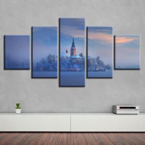 Mountain Tree Building 1 - Nature 5 Panel Canvas Art Wall Decor