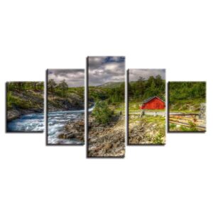 Mountain Trees Stream River Red Barn Landscape - Nature 5 Panel Canvas Art Wall Decor