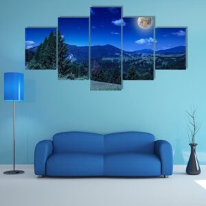Mountain View From Green Meadow On Summer Night - Nature 5 Panel Canvas Art Wall Decor