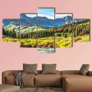Mountain Vista With Slate River In Foreground - Nature 5 Panel Canvas Art Wall Decor