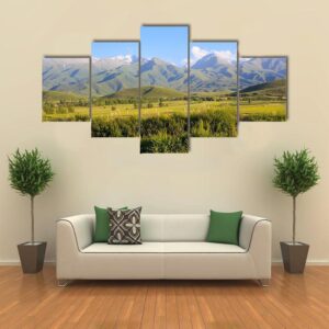 Mountains And Green Fields - Nature 5 Panel Canvas Art Wall Decor