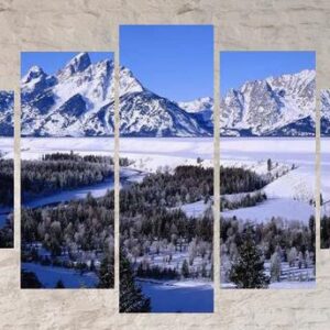 Mountains Forest Winter Snow Landscapes - Nature 5 Panel Canvas Art Wall Decor