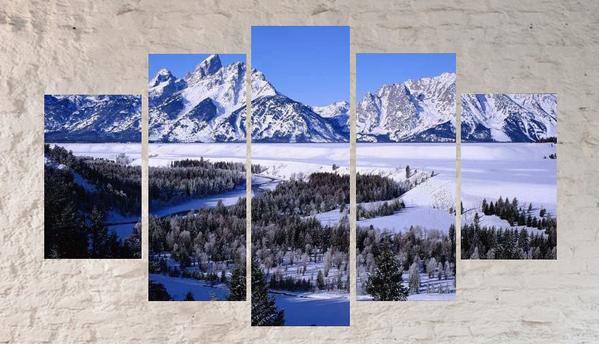 Mountains Forest Winter Snow Landscapes - Nature 5 Panel Canvas Art Wall Decor Mountains Forest Winter Snow Landscapes - Nature 5 Panel Canvas Art Wall Decor