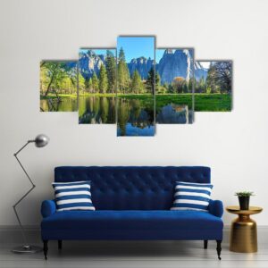 Mountains View In Yosemite National Park - Nature 5 Panel Canvas Art Wall Decor