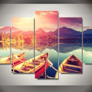 Mountains and lakes boat - Nature 5 Panel Canvas Art Wall Decor