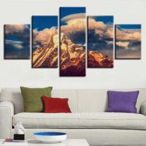 Mountaintop Blue Sky And White Clouds - Nature 5 Panel Canvas Art Wall Decor