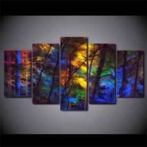 Multi Colored Forest Trees Fall - Nature 5 Panel Canvas Art Wall Decor