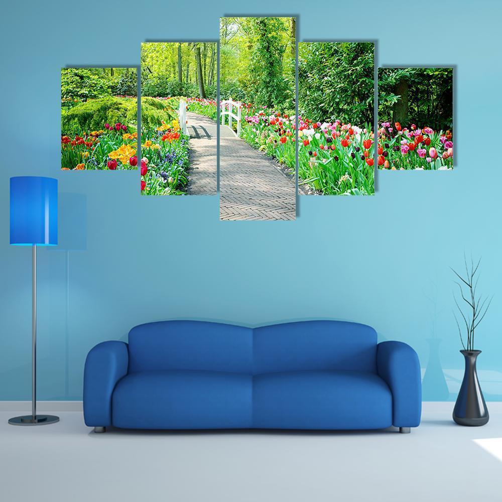 Multicolored Tulips In Keukenhof Gardens - Nature 5 Panel Canvas Art Wall Decor