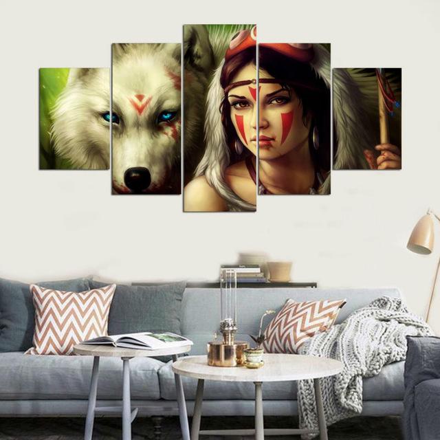 Native American Girl And Wolf - Army 5 Panel Canvas Art Wall Decor Native American Girl And Wolf - Army 5 Panel Canvas Art Wall Decor