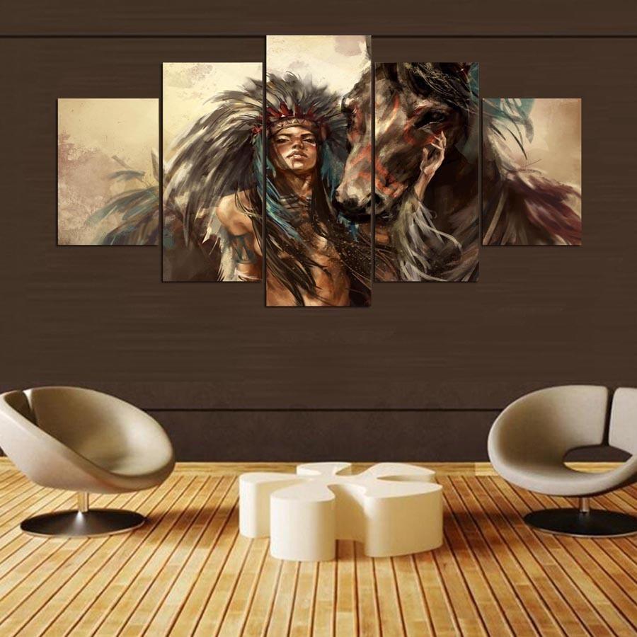 Native American Indian Girl Horse - Army 5 Panel Canvas Art Wall Decor Native American Indian Girl Horse - Army 5 Panel Canvas Art Wall Decor
