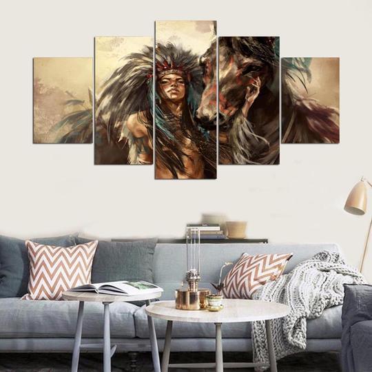 Native American With Horse - Animal 5 Panel Canvas Art Wall Decor Native American With Horse - Animal 5 Panel Canvas Art Wall Decor