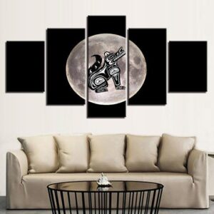 Native American Wolf Totem Full Moon - Space 5 Panel Canvas Art Wall Decor