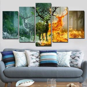 Natural Forest Deers - Animal 5 Panel Canvas Art Wall Decor