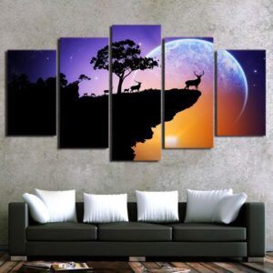 Natural Sunset Deers - Animal 5 Panel Canvas Art Wall Decor