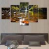 Nature Waterfall In Autumn - Nature 5 Panel Canvas Art Wall Decor