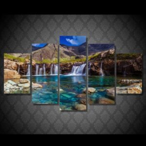 Nebo Gory Potoki Kamni Ozero Waterfall Mountains 01 - Nature 5 Panel Canvas Art Wall Decor