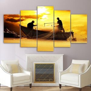 Net Fishing Dusk Sunset - Fishing 5 Panel Canvas Art Wall Decor