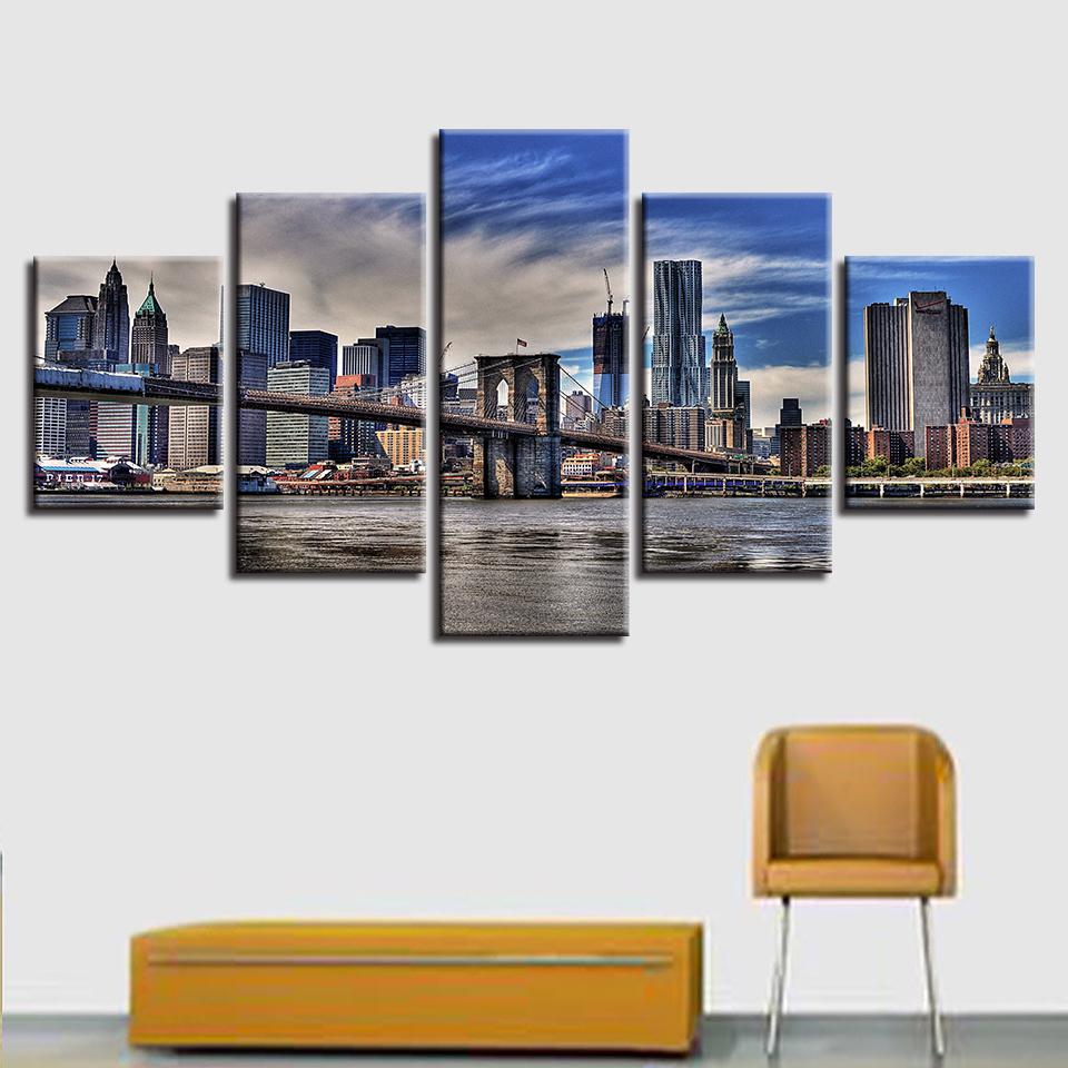 New York Brooklyn Bridge Building Landscape - Nature 5 Panel Canvas Art Wall Decor New York Brooklyn Bridge Building Landscape - Nature 5 Panel Canvas Art Wall Decor